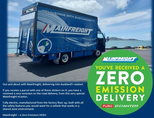 Zero emissions delivery sticker used by Mainfreight on parcels delivered during the trial